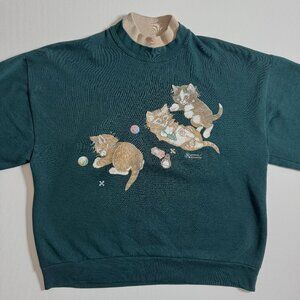 Vintage 90s Cat Pullover Kitty Playing Grannycore Women’s Large Morning Sun